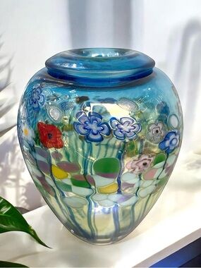 Vintage Robert Held Signed Blue Millefiori Art Glass Vase - Decorative Home Art